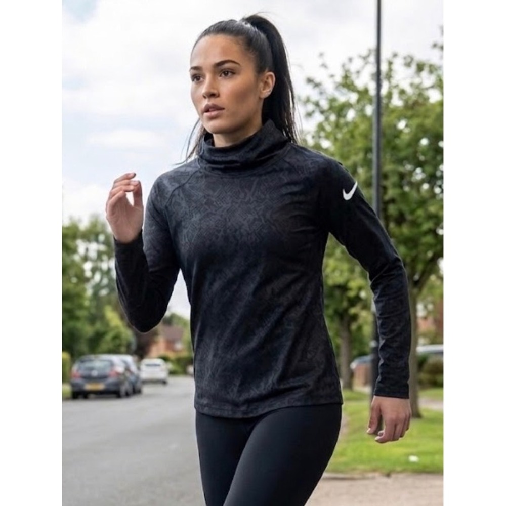 Nike Pro Dri-FIT Womens Black Snakeskin Print Side Zip Funnel Neck Top Medium